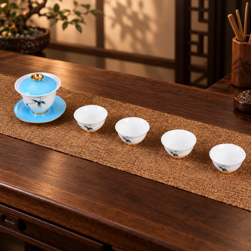 Jingdezhen porcelain gaiwan set with four matching blue bamboo tea cups
