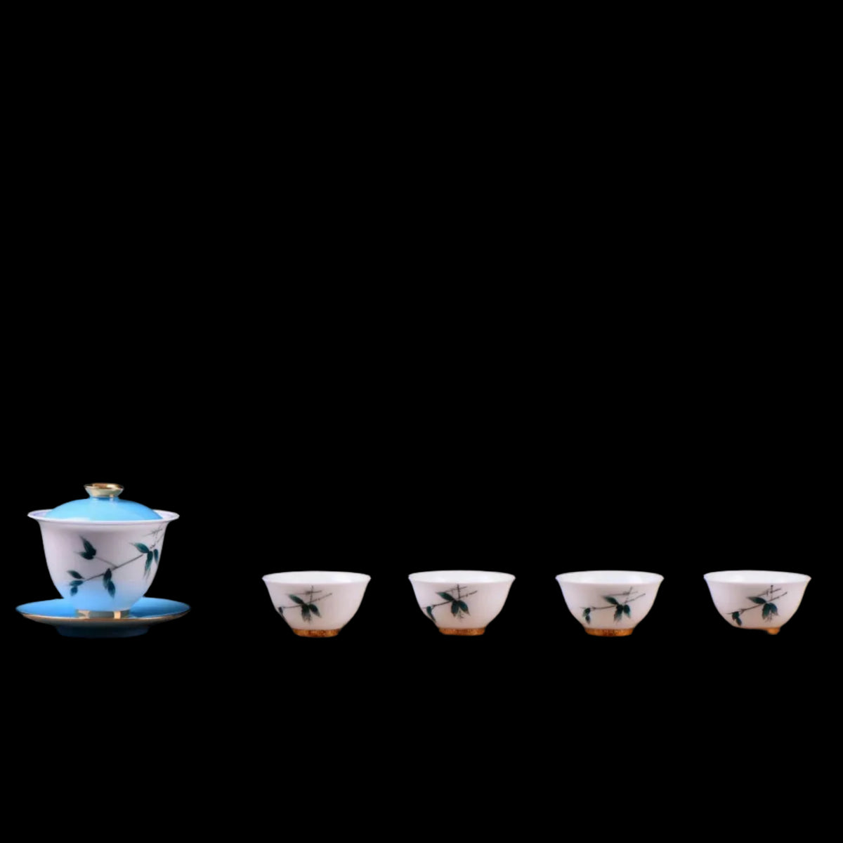 Jingdezhen porcelain gaiwan with four matching blue bamboo tea cups