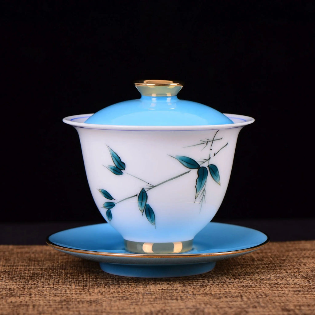 Jingdezhen porcelain gaiwan with hand-painted blue bamboo design