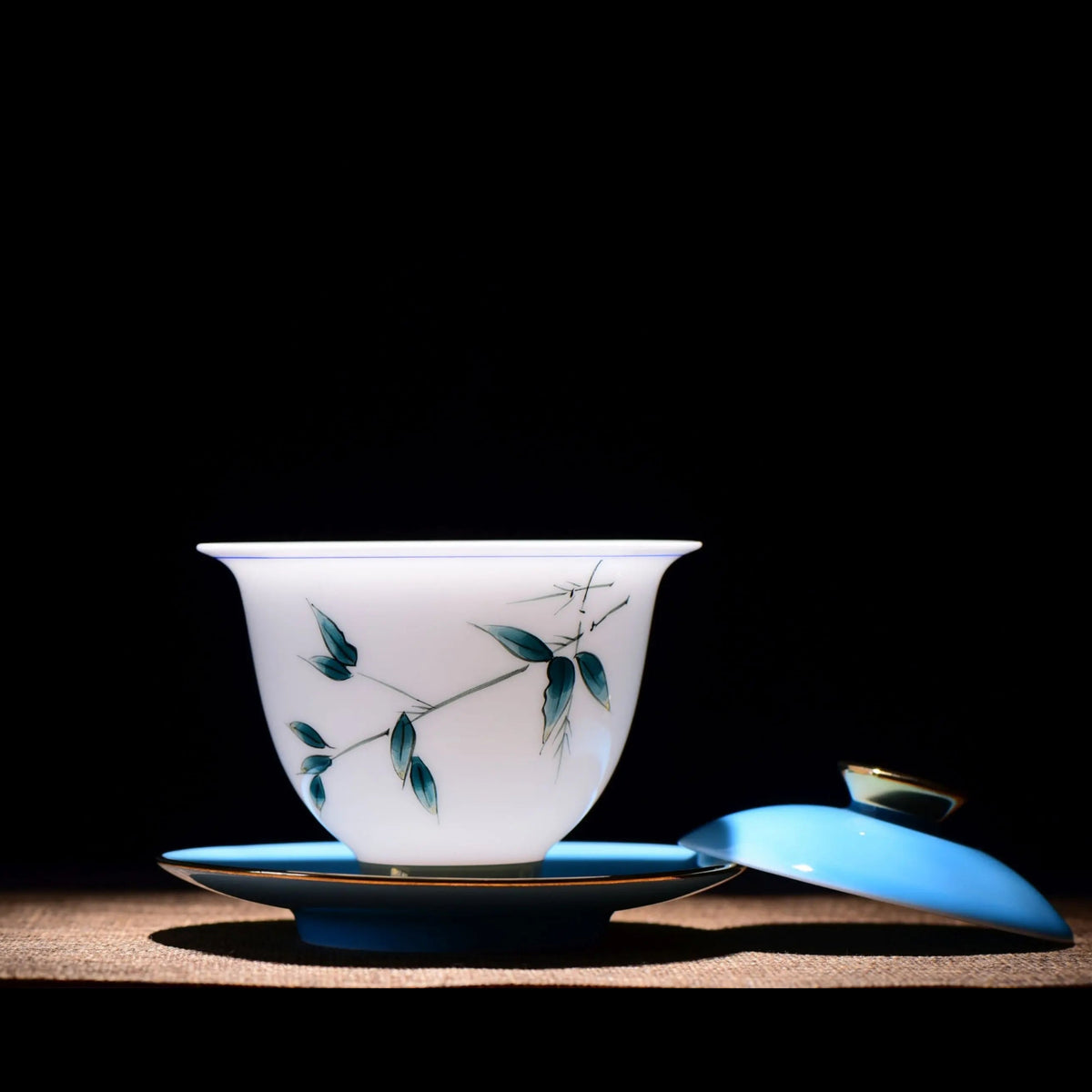 Open Jingdezhen porcelain gaiwan with hand-painted blue bamboo design