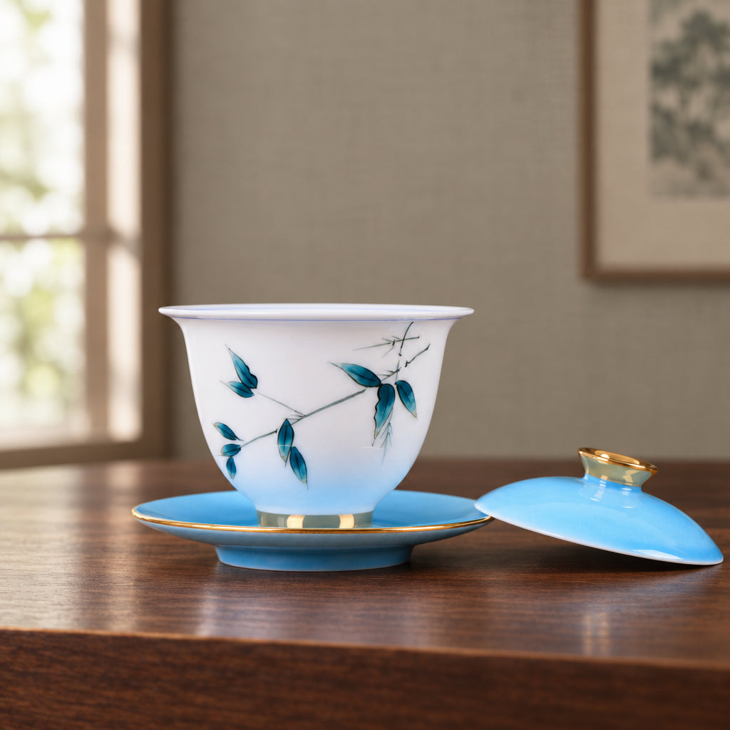 Open Jingdezhen porcelain gaiwan with hand-painted blue bamboo design