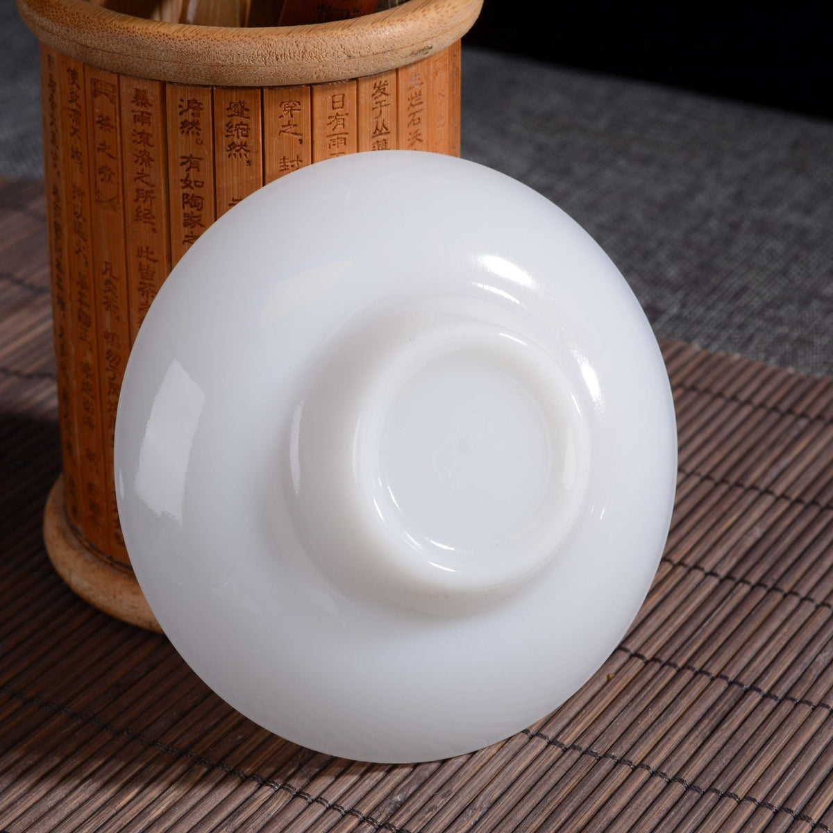 Bottom view of the saucer from a Dehua Yu Ci jade porcelain gaiwan