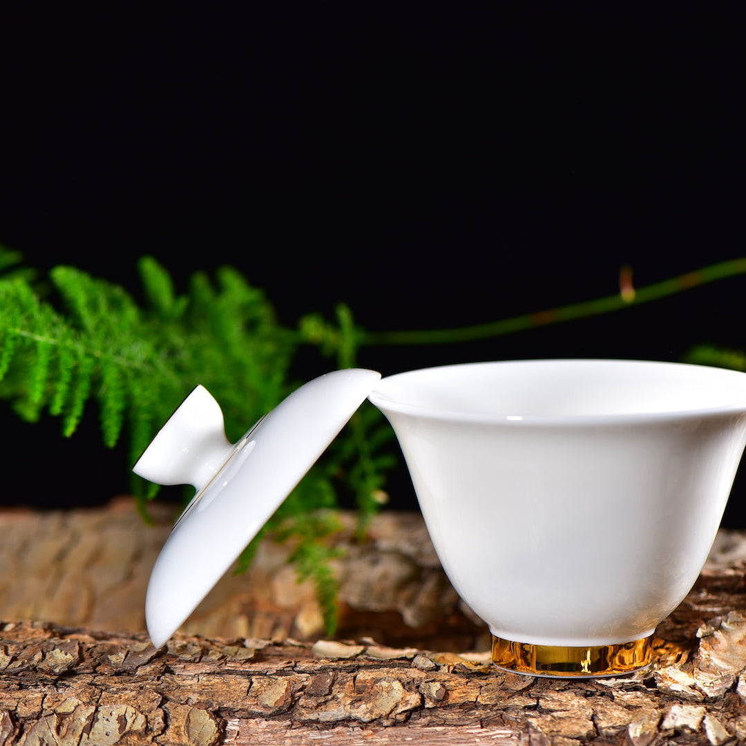Gold on white Dehua jade porcelain gaiwan 200ml shown open with lid