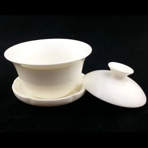 White porcelain gaiwan 100ml shown open with lid and saucer